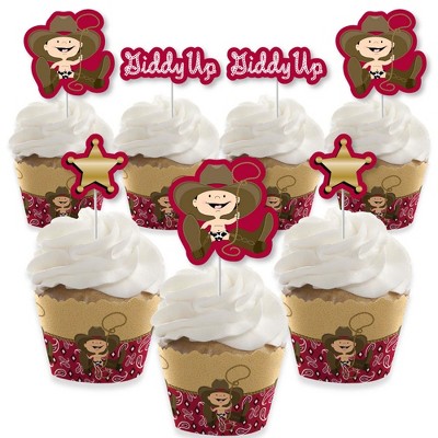 Big Dot of Happiness Little Cowboy - Cupcake Decoration - Western Baby Shower or Birthday Party Cupcake Wrappers and Treat Picks Kit - Set of 24