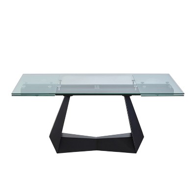 HomeRoots 71" Clear and Black Glass and Metal Self-Storing Leaf Sled Base Extendable Dining Table