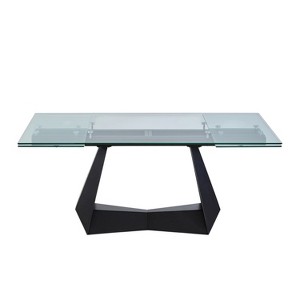 HomeRoots 71" Clear and Black Glass and Metal Self-Storing Leaf Sled Base Extendable Dining Table - 1 of 4