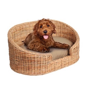 THE LICKER STORE Curvy Classic Handwoven Rattan Dog Bed with Machine-Washable Cushion - 1 of 4