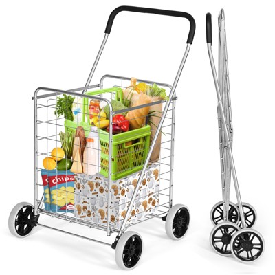 Tangkula Folding Shopping Cart Utility Trolley Grocery Cart With Wheels ...