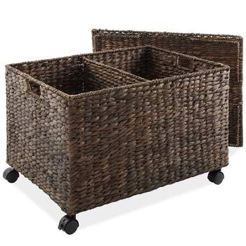 Casafield Rolling Storage Basket Cart with Lid and Wheels - Woven Water Hyacinth Divided Sorting Bin for Kitchen, Laundry, Pantry, Garage