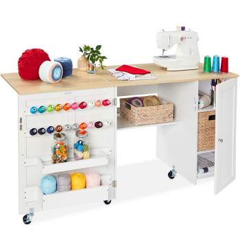 Topcobe Foldable Sewing Craft Table Cart, Art Desk with Storage Shelves and  Lockable Casters, Space-Saving Sewing Cabinet for Home Office, White
