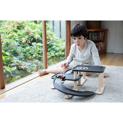 Black and Natural Multi-Level Wooden Parking Garage Playset
