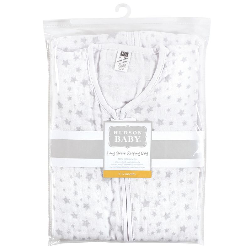Hudson Baby Unisex Baby Long Sleeve Muslin Sleeping Bag, Wearable Blanket, Sleep Sack, Gray Star, 3 of 4