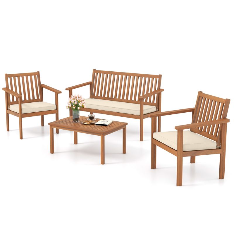 Tangkula 4PCS Wood Furniture Set w/ Loveseat 2 Chairs & Coffee Table for Porch Patio White, 3 of 5