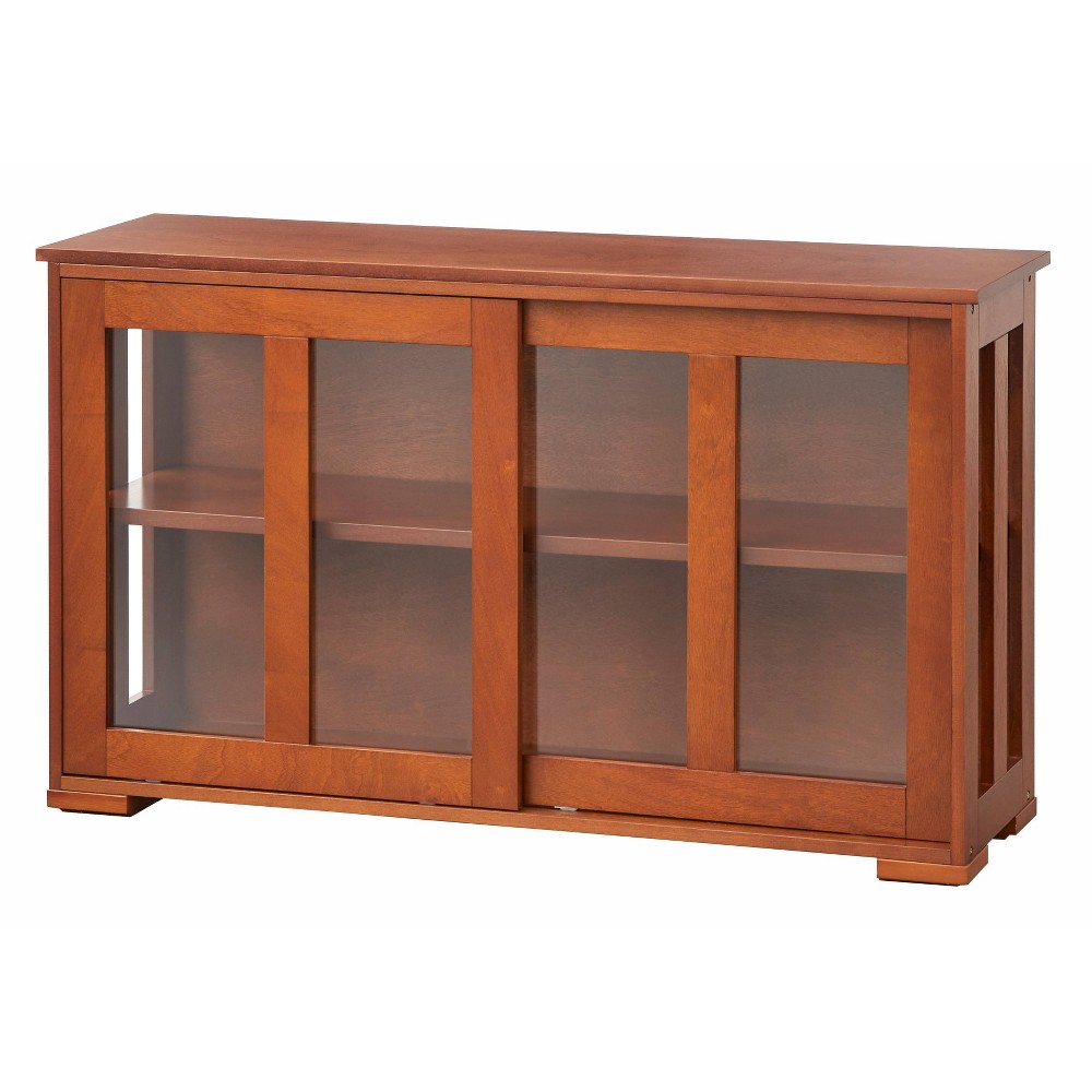 Buylateral Pacific Modular Design Stackable Cabinet with Sliding Glass Doors Walnut: Tempered Glass, Adjustable Shelf, MDF