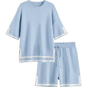 Ekouaer Womens Knit Lounge Set 2 Piece Sweater Sets Short Sleeve Sweatsuit Pullover Tops - 1 of 4
