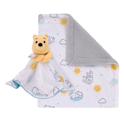 Image of Disney Winnie the Pooh White, Yellow, and Aqua Sunshine and Clouds Super Soft Cuddly Plush Baby Blanket and Security Blanket 2-Piece Gift Set