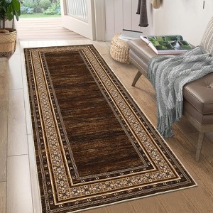Washable Area Rug, Brown Floor Cover, Non Slip Foldable Thin Rug Distressed Geometric Bordered Carpet Kitchen Rug for Living Room Bedroom - 1 of 4