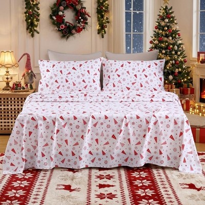 4 Pcs Christmas Trees & Snowflakes Printed Flannel Sheets, 100% Cotton Soft Heavyweight Bed Sheet Set, 16in Deep Pocket Winter Warm Sheets, Red