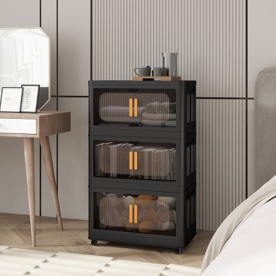GlasFlength Decorative Storage Cabinets Accent Cabinet Folding Storage Cabinet Free standing Cabinet for Living Room, Black, 23.62"*13.78"*48.43"