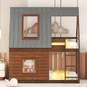 Twin Over Twin Bunk Bed Wood Frame House Shaped with Roof,Ladder and 2 Windows for Kids Teens Girls Boys - 1 of 4