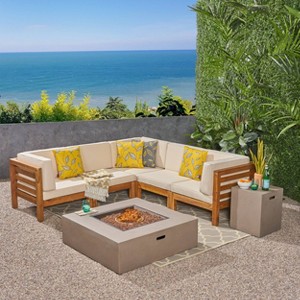 Oana 7pc Acacia V-Shaped Sectional Sofa Set with Fire Pit - Teak/Beige/Light Gray - Christopher Knight Home - 1 of 4