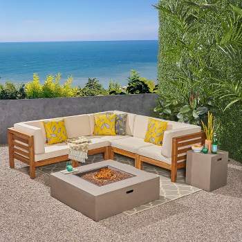 Oana 7pc Acacia V-Shaped Sectional Sofa Set with Fire Pit - Teak/Beige/Light Gray - Christopher Knight Home