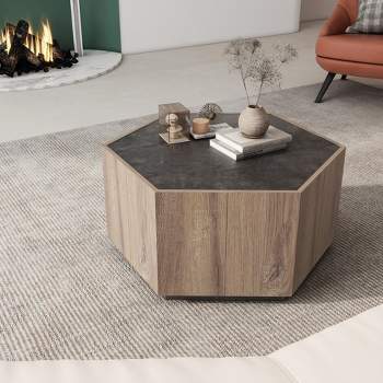 Rustic Vintage Coffee Table with 2 Drawers, Textured Black + Warm Oak - ModernLuxe