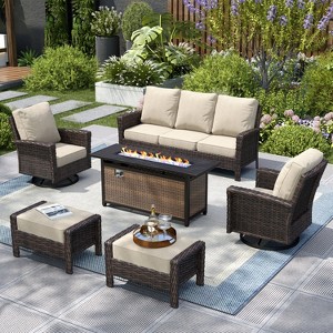 Captiva Designs Outdoor Patio Wicker Furniture Conversation Fire Pit Sets with Swivel Chairs with 5.5" Thick Cushions - 1 of 4