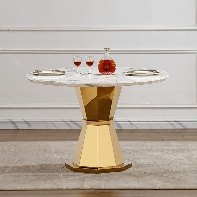 46" Modern Round Dining Table,High Gloss Faux Marble Top,Sturdy Stainless Steel Base for Kitchen and Dining Room - Maison Boucle