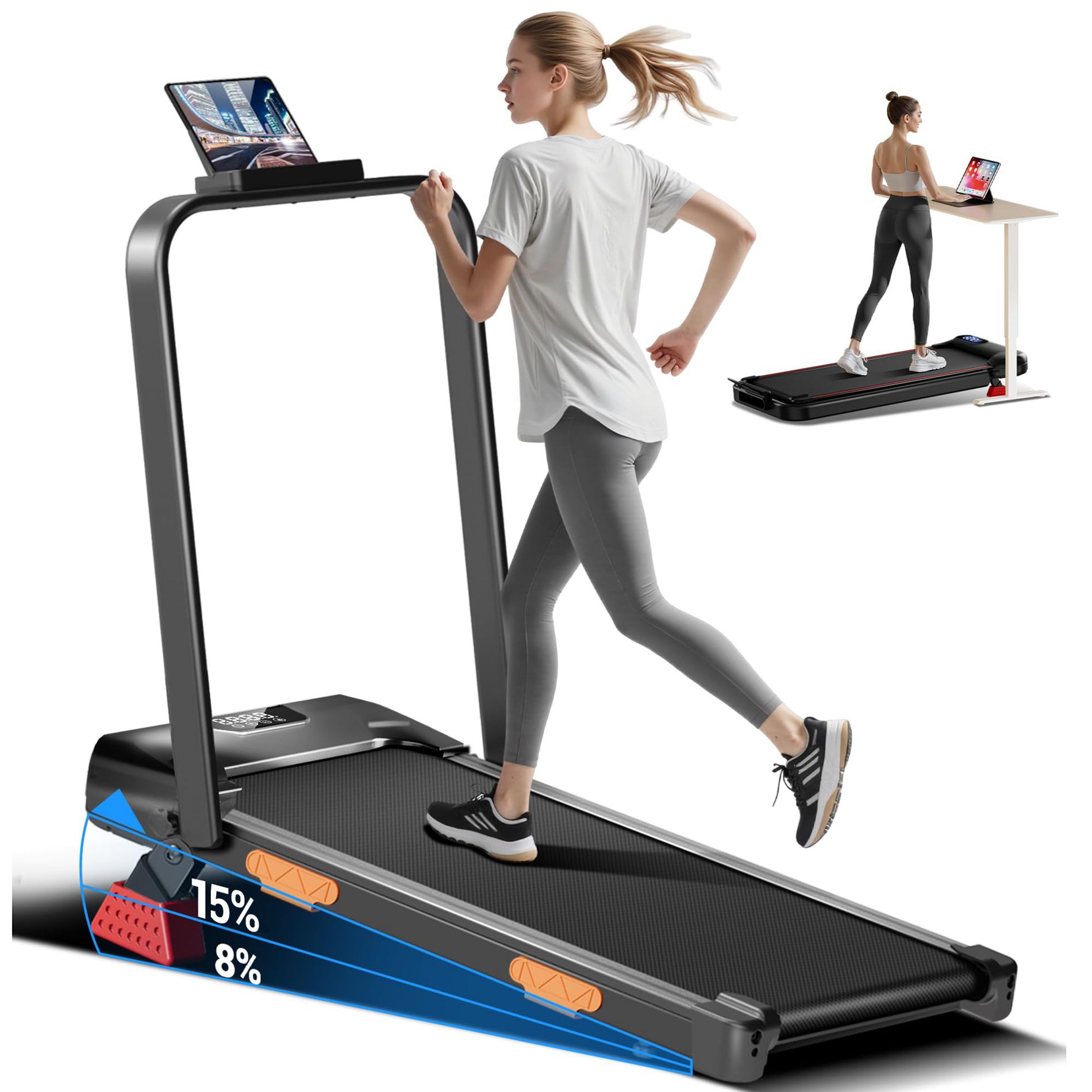 15% Incline Walking Pad Treadmill with Handlebar, 2.5HP Quiet Folding Under Desk Treadmill for Home Office, Portable Compact Design