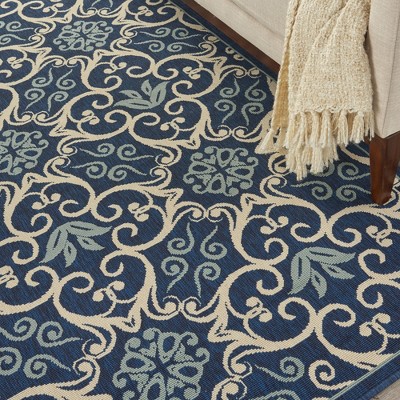 Navy Floral Synthetic Rectangular 4' x 6' Area Rug