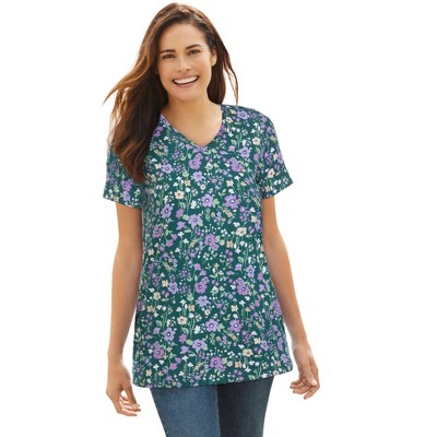 Woman Within Plus Size Perfect Printed Short-Sleeve V-Neck Tee