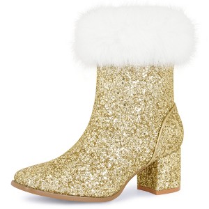 BLISSFUL STEP Women's Faux Fur Glitter Square Toe Chunky Heel Ankle Boots - 1 of 4