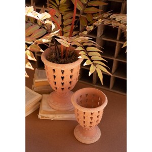 Set of 2 Concrete Perforated Urns with Terracotta Finish – Decorative Porch & Sunroom Planter Holders by Kalalou - 1 of 3