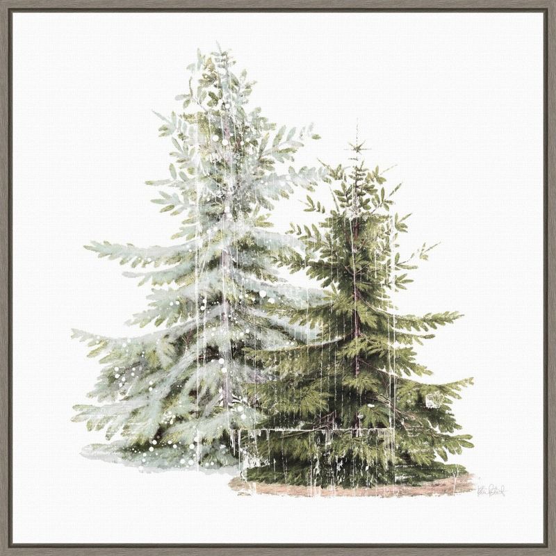 22&#34; x 22&#34; Vintage Wooded Holiday Trees in Snow Framed Wall Canvas Brown - Amanti Art, 1 of 12
