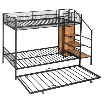 NicBex Twin Over Full Bunk Bed with Guardrail and Trundle,Metal Twin Loft Bed with Lateral Storage Ladder and Wardrobe,Bunk Beds for Bedroom
