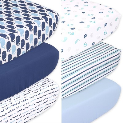 The Peanutshell Nautical Solid And Whale Fitted Crib Sheets For Boys, 6 ...