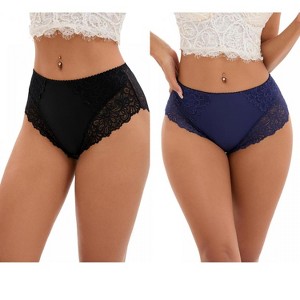 INSPIRE CHIC 2 Pcs Women's Wide Lace Trim Mid-Waisted Underwear Plus Size Full Coverage Comfortable Briefs - 1 of 4