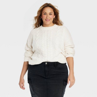 Women's Cable Knit Crewneck Pullover Sweater - Ava & Viv™ Ivory 3X