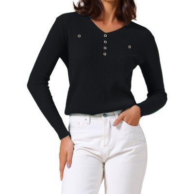 INSPIRE CHIC Women's Long Sleeve V Neck Button Decor Elegant Ribbed Knit Tops