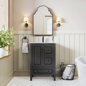 30x20 Inch Black Wrought Iron Scalloped Arched Mirror Cabinet - Decorative Large Wall Mirror Decor with Metal Frame Ideal for Living and Bathroom - 1 of 4