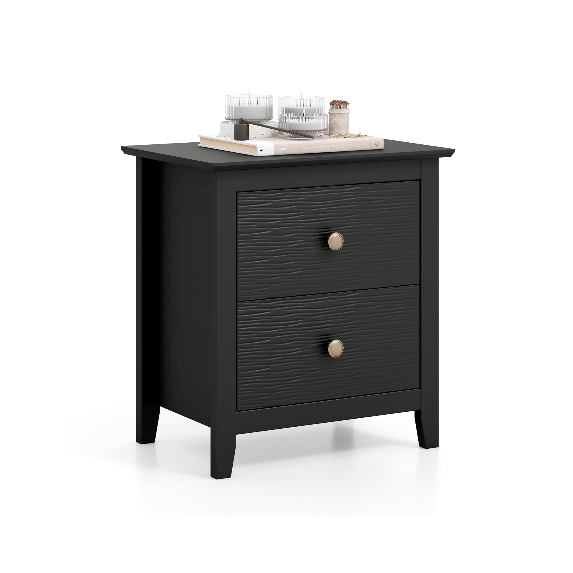 Costway Modern Nightstand w/ Storage 2 Drawers & Support Legs for Bedroom Black