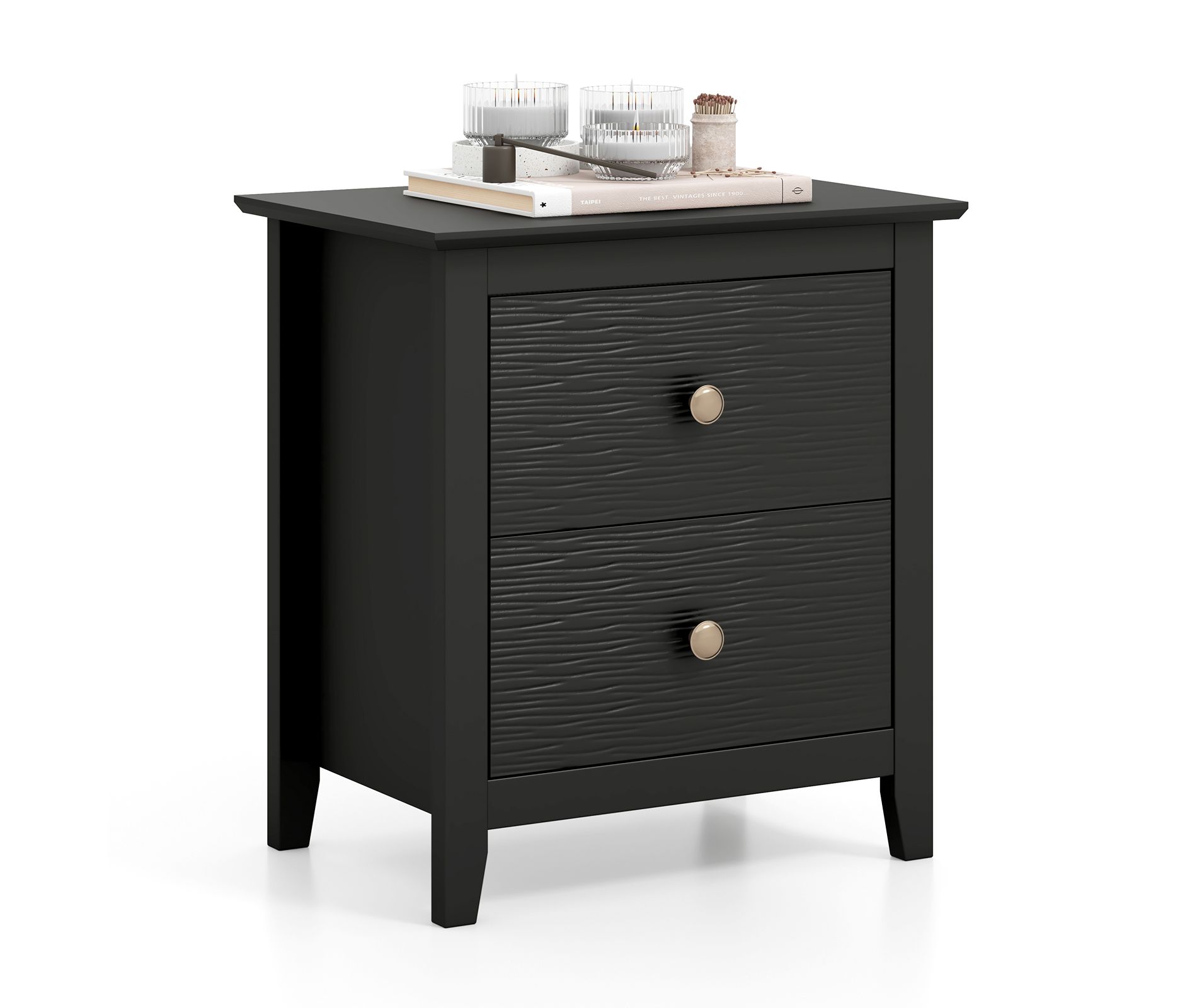 Costway Modern Nightstand w/ Storage 2 Drawers & Support Legs for Bedroom Black