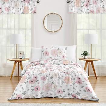 4pc Watercolor Floral Twin Kids' Comforter Bedding Set Pink and Gray - Sweet Jojo Designs