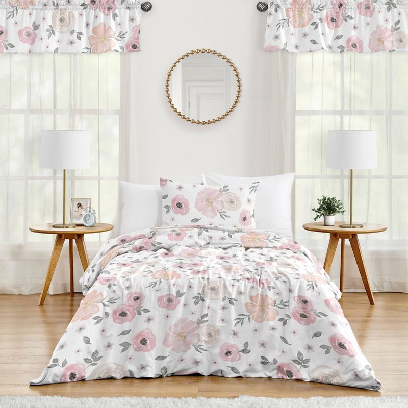 4pc Watercolor Floral Twin Kids&#39; Comforter Bedding Set Pink and Gray - Sweet Jojo Designs, 1 of 7