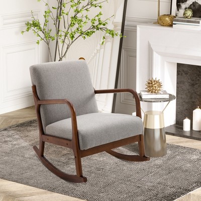 Modern Grey Linen Fabric Upholstered Rocking Armchair with Wooden Base
