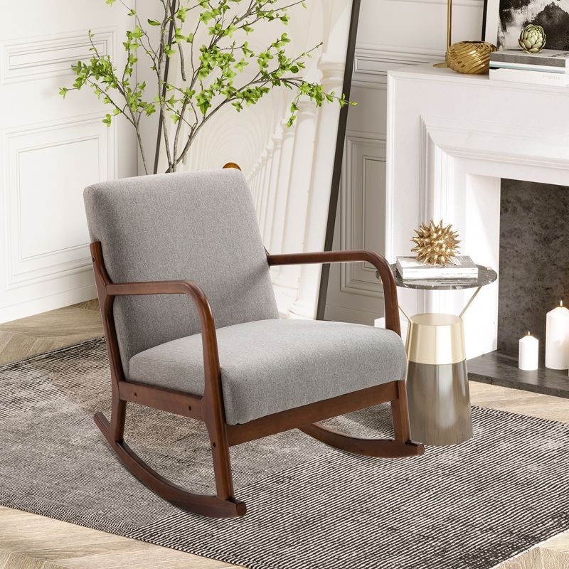 HOMCOM Upholstered Rocking Armchair with Wood Base and Linen Fabric Padded Seat for Living Room, 3 of 9