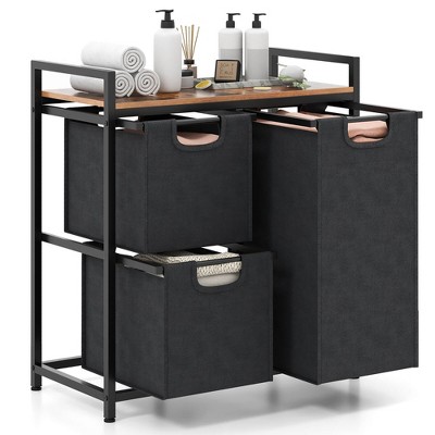 Tangkula Freestanding Laundry Hamper Basket Organizer w/ 3 Pull-Out Removable Bags