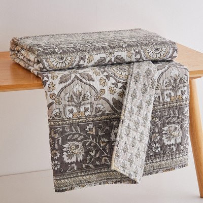Lirelle Floral Reversible Cotton Throw Blanket in Grey and Tan
