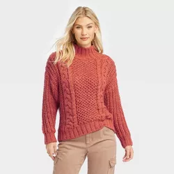 Women's Turtleneck Cable Knit Pullover Sweater - Universal Thread™ Rust XL