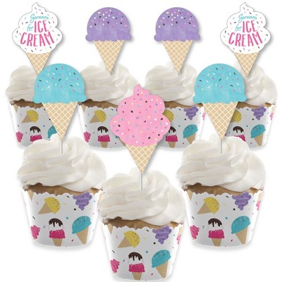 Big Dot of Happiness Scoop Up the Fun - Ice Cream - Cupcake Decoration - Sprinkles Party Cupcake Wrappers and Treat Picks Kit - Set of 24