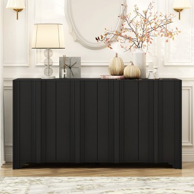 Wood Sideboard with Layered Linear Doors,MDF Storage Cabinet with Triangular Legs,4-Door Sideboard for Dining or Living Room-Coolbibila