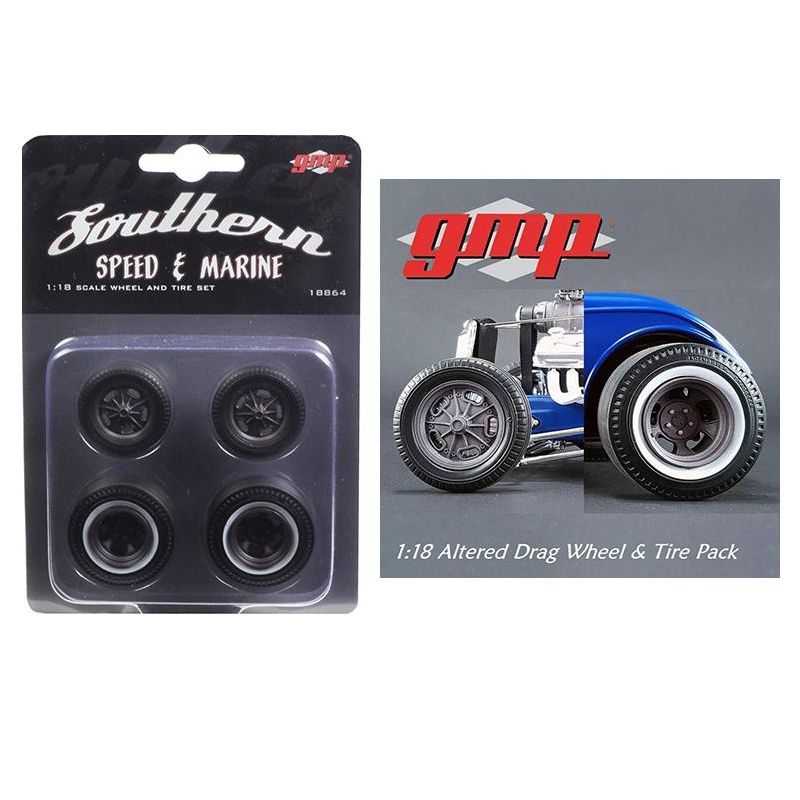 Drag Wheels and Tires Set of 4 Magnesium Finish from 1934 Altered Drag Coupe 1/18 by GMP, 1 of 4