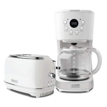 Haden 12 Cup Programmable Coffee Maker with Brew Strength Control with Heritage 2 Slice Wide Slot Stainless Steel Bread Toaster, White