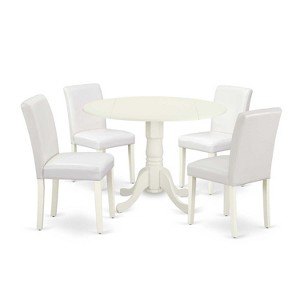 Round Kitchen Table Set 5pc 42" Table w/ Drop Leaves & 4 Parsons Chairs - White PU Leather - 1 of 4