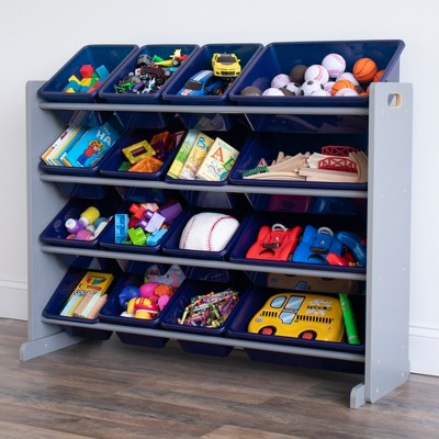 Gray and Navy Kids' Toy Storage Organizer with 16 Bins