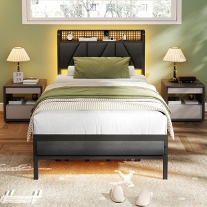 Furnulem Twin Size Bed Frame with Grey Upholstered Storage Headboard with Shelf Metal Platform Bed with Heavy Duty Slats No Box Spring Needed - 1 of 4